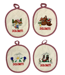 Topflappen oval DOLOMITI mit 4 Motiven sort. 19x22cm