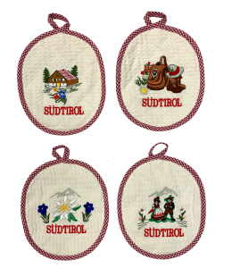 Topflappen oval SÜDTIROL mit 4 Motiven sort. 19x22cm