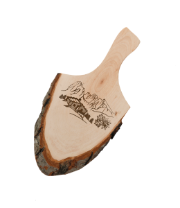 Holzspeckbrett mit Griff & Rinde 30-35 cm Alpenlandschaft