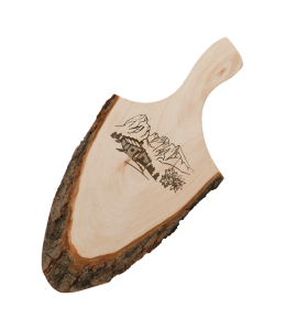 Holzspeckbrett mit Griff & Rinde 35-40 cm Alpenlandschaft