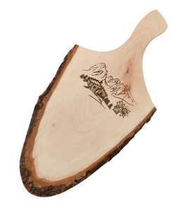 Holzspeckbrett mit Griff & Rinde 40-50 cm Alpenlandschaft