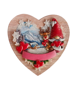 Calamita inverno cuore "Gnomo con cuore e cervo" 8x8 cm