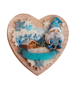 Calamita inverno cuore "Gnomo con stella di neve" 8x8 cm