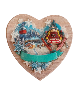 Calamita inverno cuore "Gnomo con ski" 8x8 cm