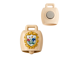 Calamita campanella Alpino con piccolo stemma beige-oro 3 cm